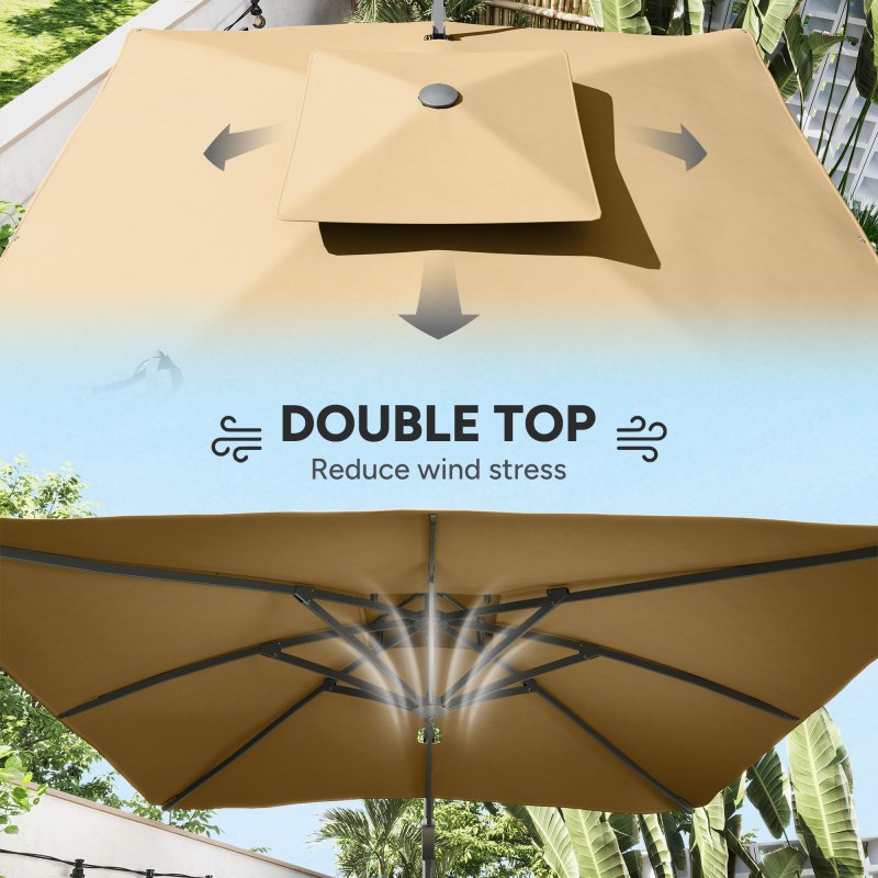 Outsunny 3 x 3 m Cantilever Parasol with Hydraulic Opening, Heavy Duty Aluminium Hanging Garden Parasol, Double Top Square Patio Umbrella with 360 Rotation, 8 Ribs, Cross Base, Khaki
