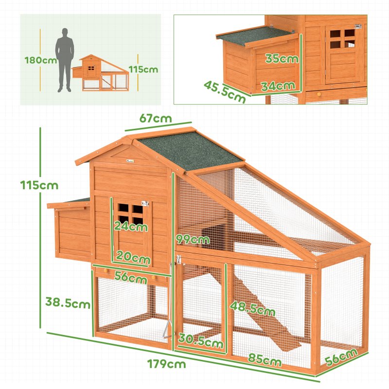 PawHut Chicken Coop with Run Outdoor, Wooden Hen House, Poultry Coop with Nesting Box, Slide-out Tray, Ramp, Perches, Asphalt Roof, 179 x 67 x 115cm