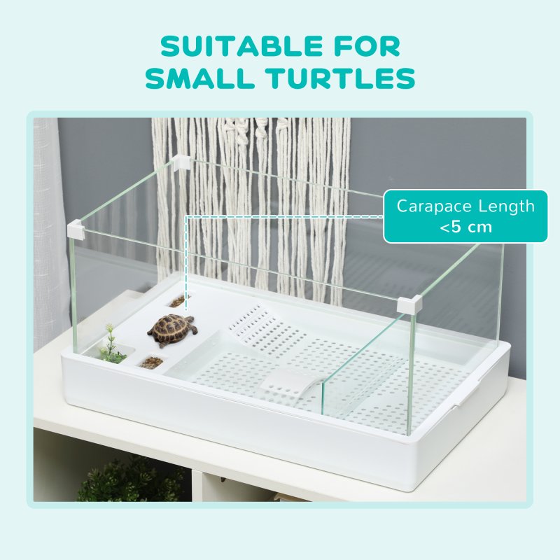 PawHut 50cm Turtle Tank Aquarium, Glass Tank with Basking Platform, Filter Layer Design, Full View Visually Terrapin Reptile Habitat, White