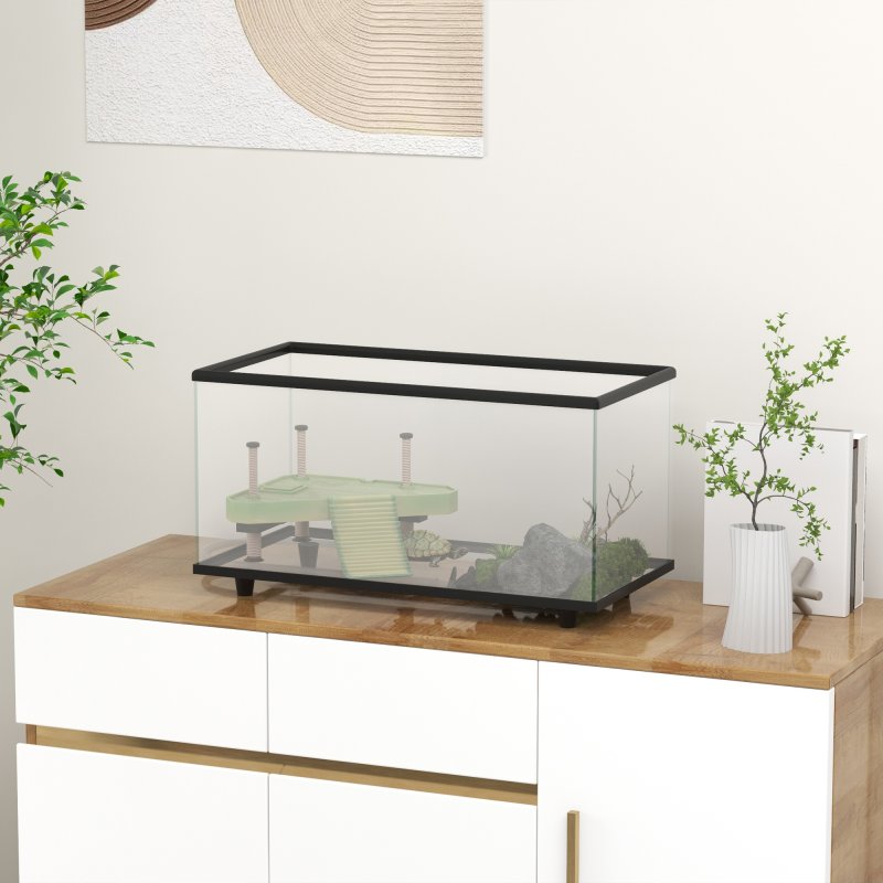 PawHut Turtle Tank, 50L Glass Turtle Aquarium with Basking Platform, Ramp, Easy Drainage, Strip Patch Thermometer, for Small Turtles, 60 x 30 x 32cm