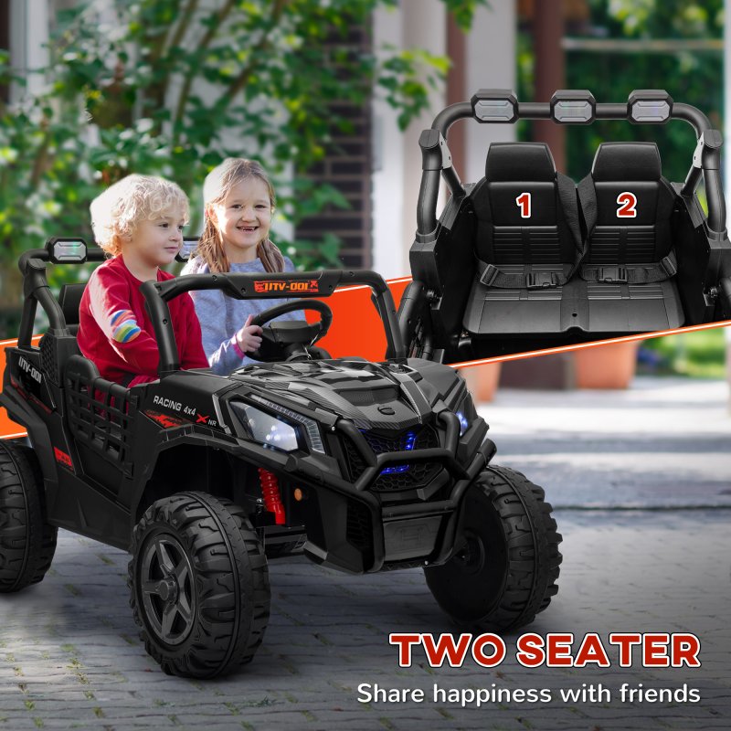 AIYAPLAY Kids Electric Ride on Car 2-Seater, 24V Truck UTV with Remote Control, Suspension System, LED Lights, Horn, Music, for 3-8 Years, Black