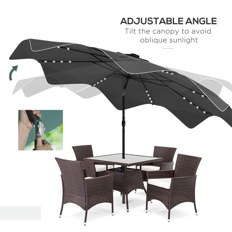 Outsunny 3(m) Garden Parasol Umbrella with 32 Solar LED Lights and Tilt, Outdoor Market Table Umbrella Sun Shade Canopy with Crank, 8 Ribs, Dark Grey