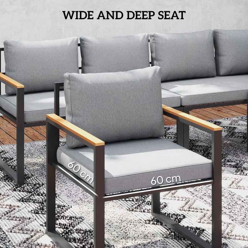 Outsunny 6 Piece L Shaped Garden Furniture Set, 9 Seater Outdoor Corner Sofa Set with 3 Loveseats, Bench, Chair, Wide and Deep Seats, WPC Top Coffee Table, Thick Cushions, Natural Wood Finish