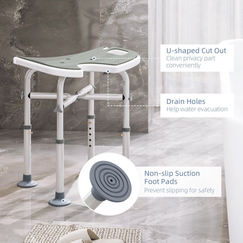 HOMCOM Height Adjustable Shower Stool with Suction Grab Rail, Aluminium Shower Chair with U-Shaped Padded Seat, Non-Slip Bath Stool for Elderly, Disabled, Seniors, Pregnant
