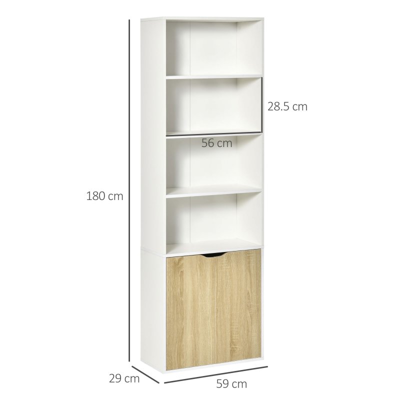 HOMCOM 6-Tier Tall Bookcase, Bookshelf with 4 Open Shelves and Double Door Storage Cabinet, Freestanding Display Rack for Living Room, Bedroom, Home Office, Study, 59 x 29 x 180cm