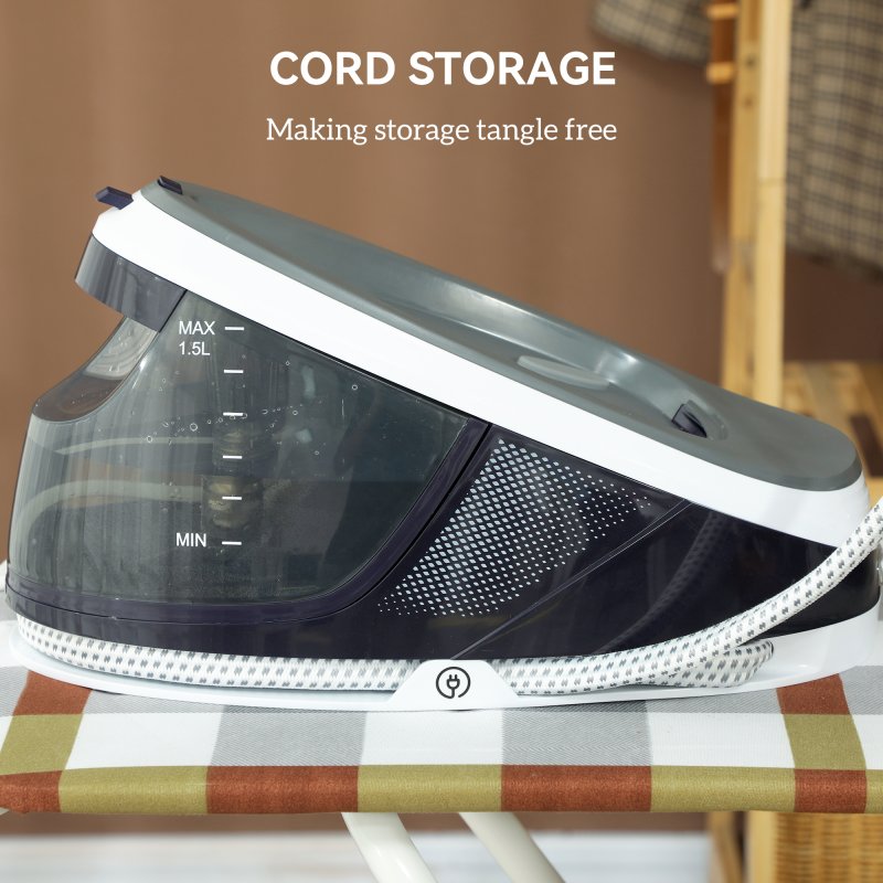 HOMCOM Steam Generator Iron with ECO Mode, Self-Cleaning, Powerful Vertical Steam, Automatic Shut-Off, Ceramic Non-stick Soleplate, Large 1.5L Detachable Water Tank, 8 Bar, 2600W, Blue