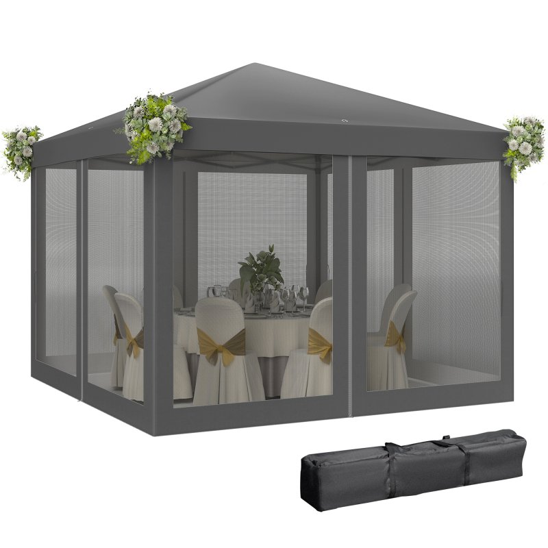 Outsunny 3 x 3m Pop Up Gazebo, 420D Garden Tent Canopy with Removable Mesh Sidewall Netting, Carry Bag for Garden Patio Outdoor, Light Grey