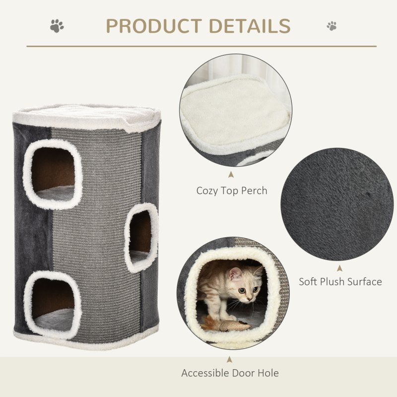 PawHut Cat Barrel Scratching Post Cat Tree for Indoor Cats Kitten Climbing Frame Pet Play Tower Soft Plush & Lamb Fleece Grey