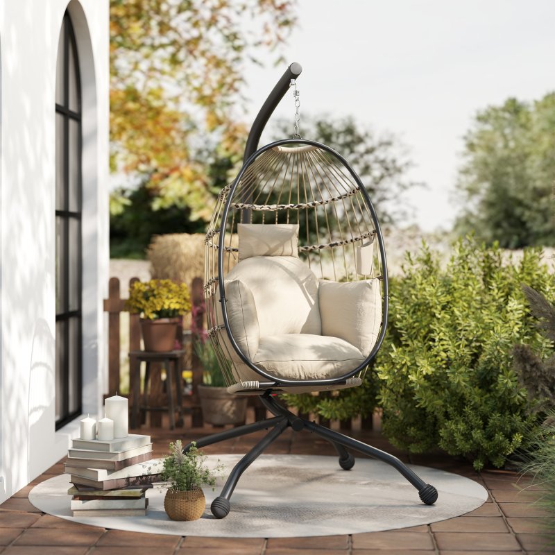 Outsunny Hanging Egg Chair Outdoor Indoor Garden Swing Chair with Folding Basket and Thickened Cushion, Garden Hanging Chair with Stand, Headrest, Cup Holder for Patio, Balcony, Khaki