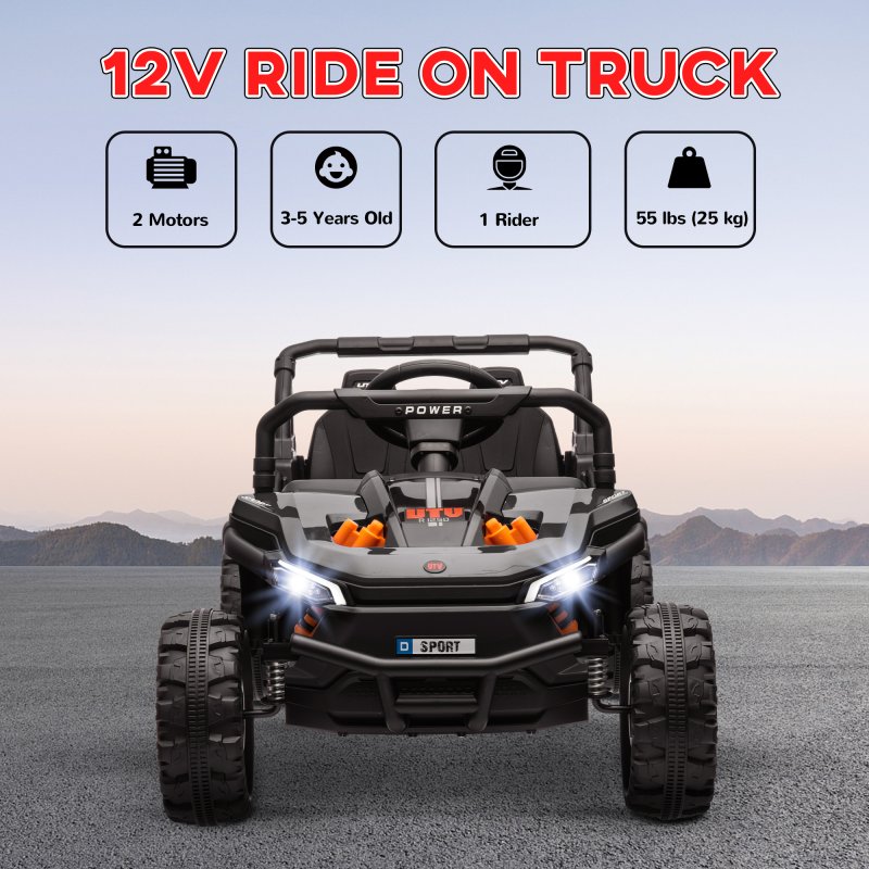 AIYAPLAY Kids Ride on Car, 12V Battery Powered Electric Truck with Remote Control, 4 Suspension Wheels, Horn, Lights, Music, USB, for Ages 3-5 Years, Black