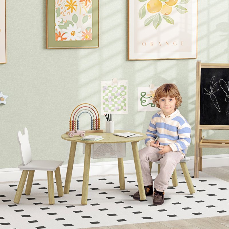 AIYAPLAY 3 Pieces Toddler Table and Chair Set with Centre Mesh Bag, Kids Activity Table Set with Bear Shaped Backrest, for Arts, Crafts Reading Dining, Aged 3-6 Years