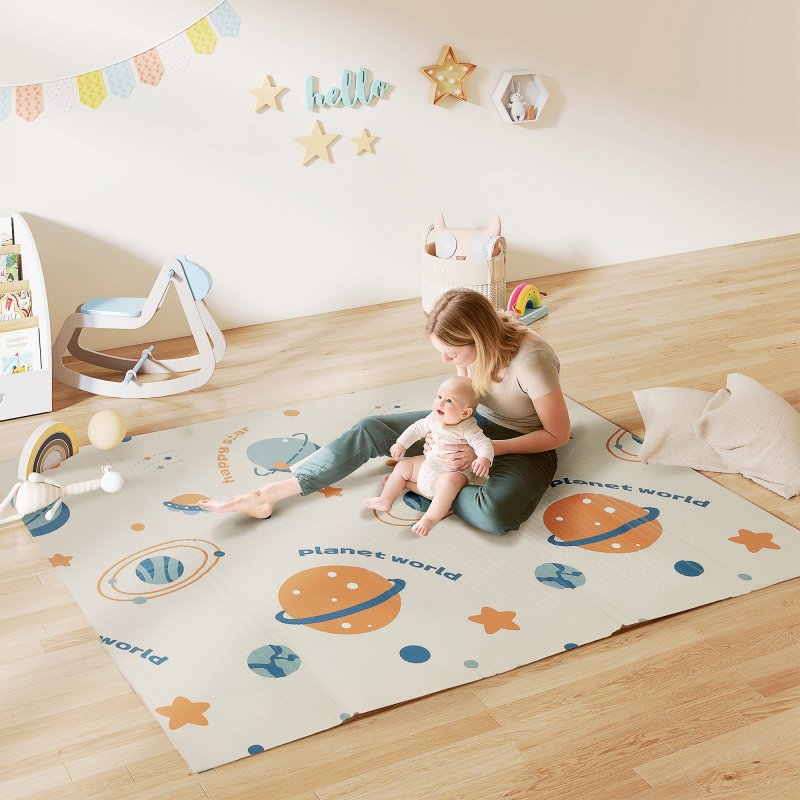 AIYAPLAY Baby Play Mat Double Sided, Foldable & Reversible Activity Playmat, Waterproof Kids Foam Crawling Mat for Outdoor Indoor Playtime Picnics, 196 x 176 x 1.5cm, Astronaut & Planet Theme