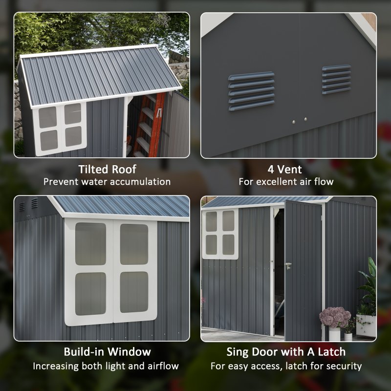 Outsunny 7 x 6 ft Garden Shed, Metal Shed with Single Door, Window and Air Vents, Galvanised Outdoor Lockable Tool Storage House, Dark Grey