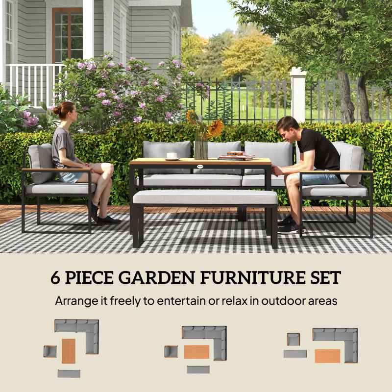Outsunny 6 Piece L Shaped Garden Furniture Set, 9 Seater Outdoor Corner Sofa Set with 3 Loveseats, Bench, Chair, Wide and Deep Seats, WPC Top Coffee Table, Thick Cushions, Natural Wood Finish