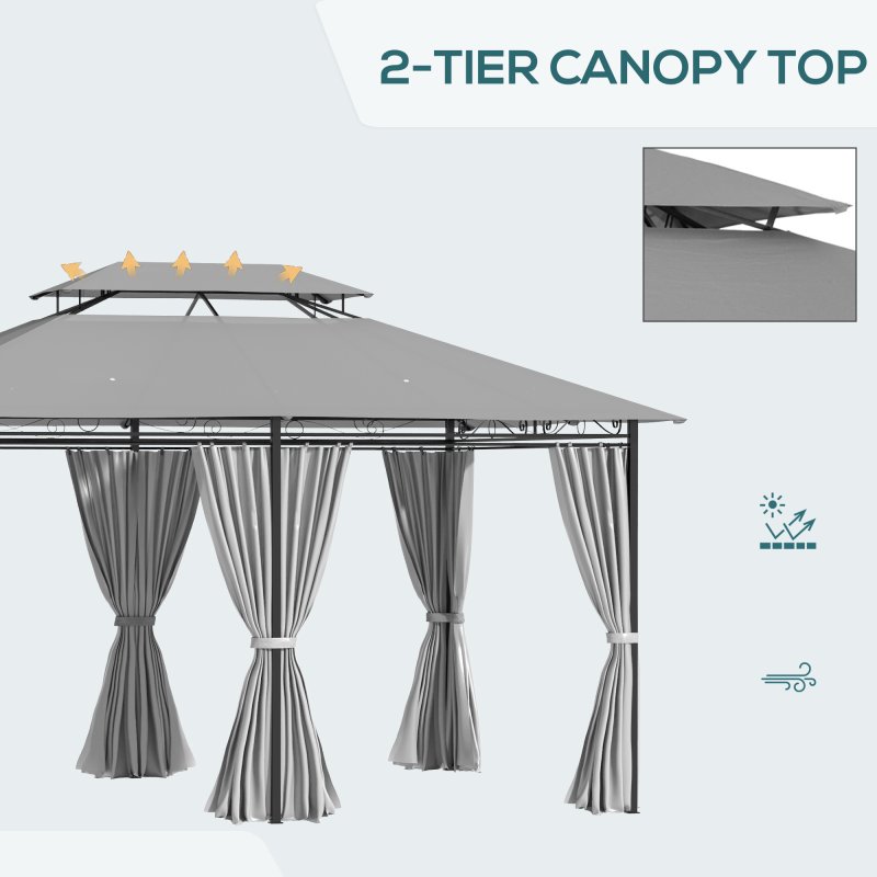 Outsunny 4m x 3(m)Garden Gazebo, Double Roof Outdoor Gazebo Canopy Shelter with Curtains, Solid Steel Frame for Lawn and Deck, Dark Grey
