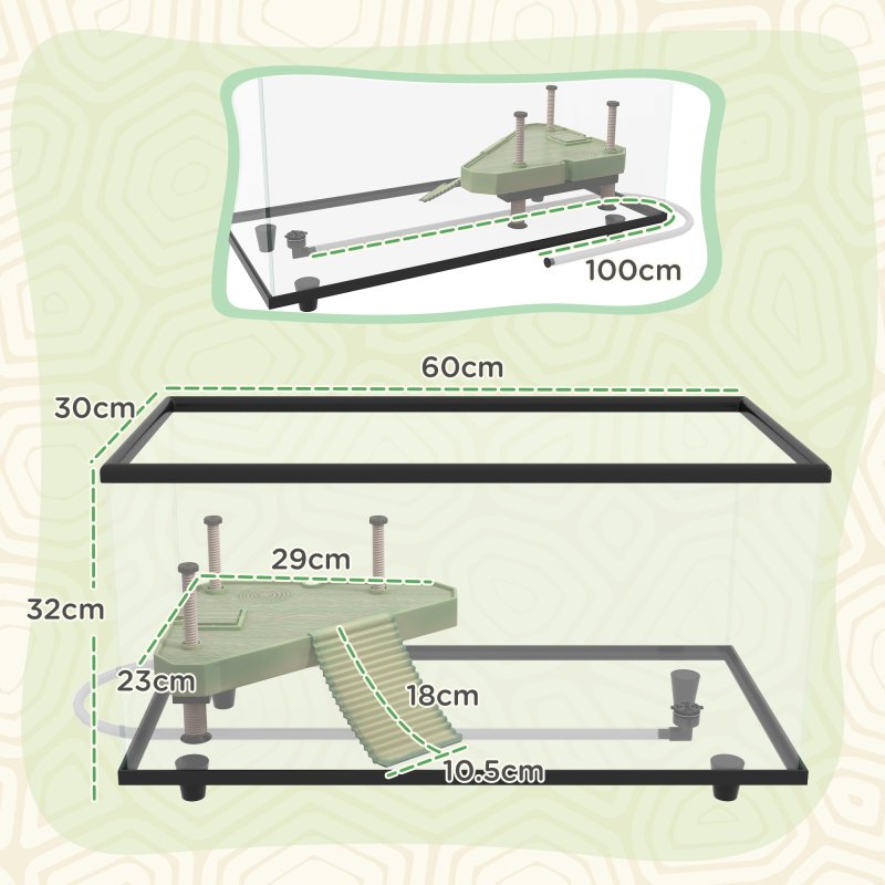 PawHut Turtle Tank, 50L Glass Turtle Aquarium with Basking Platform, Ramp, Easy Drainage, Strip Patch Thermometer, for Small Turtles, 60 x 30 x 32cm