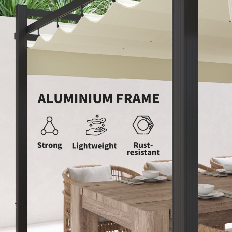 Outsunny 3 x 3(m) Pergola with Retractable Roof Canopy, Aluminium Frame Garden Gazebo Outdoor Sun Shade Shelter for Grill, Patio, Deck, Khaki