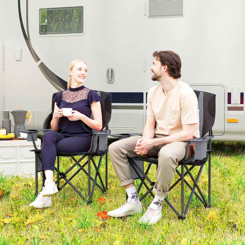 Outsunny Set of 2 Folding Camping Chairs, Padded Camping Chairs with Adjustable Armrests, Portable & Lightweight Folding Camp Chair with Cooler Bag, Cup Holder and Side Pockets, Grey