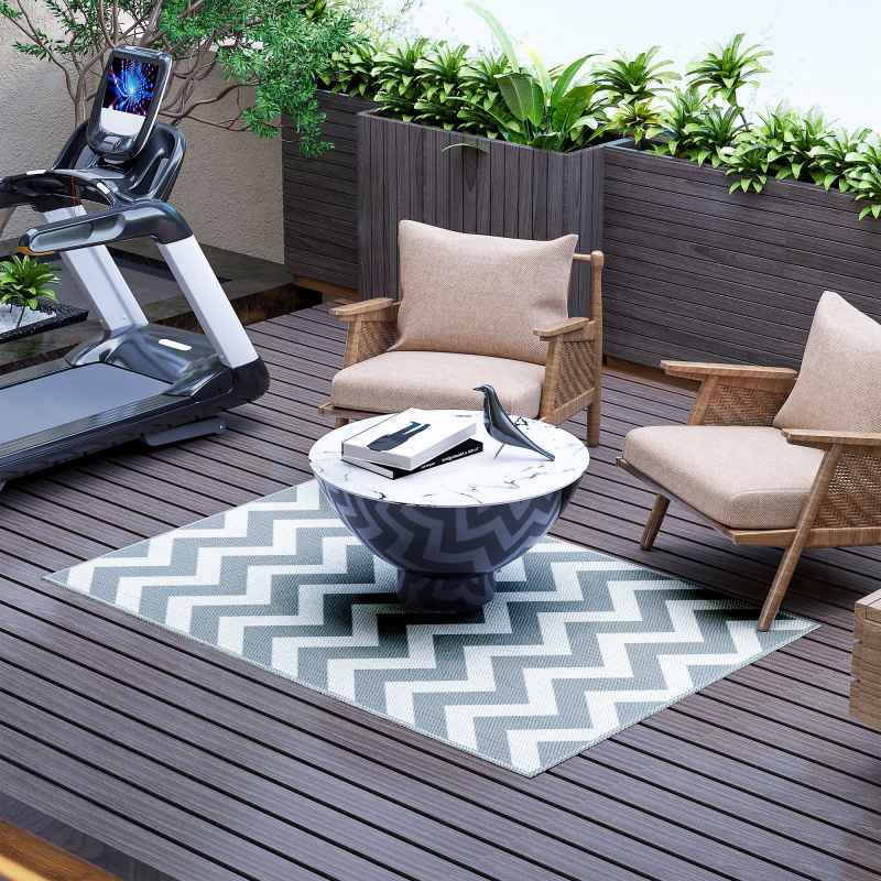 Outsunny 121 x 182 cm(4x6ft) Outdoor Rug Reversible Mat Plastic Straw Rug Portable RV Camping Mat for Garden Deck Picnic Indoor, Light Grey & White