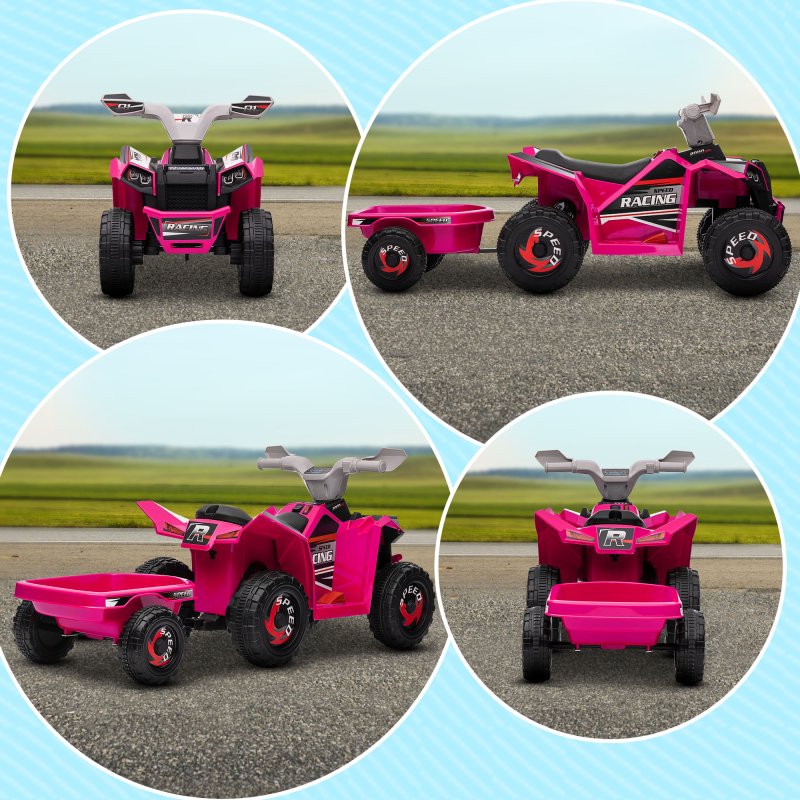 HOMCOM Electric Quad Bike, 6V Kids Ride On All-Terrain with Back Trailer for Ages 18-36 Months - Pink