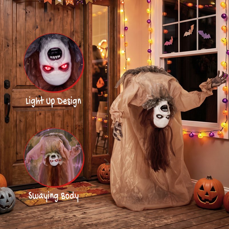 HOMCOM 100 cm Animated Halloween Broken-Back Ghost, Halloween Animatronics Swaying Female Ghoul with Creepy Screams, Glowing Eyes, Sound/Touch Activated, for Indoor, Covered Outdoor