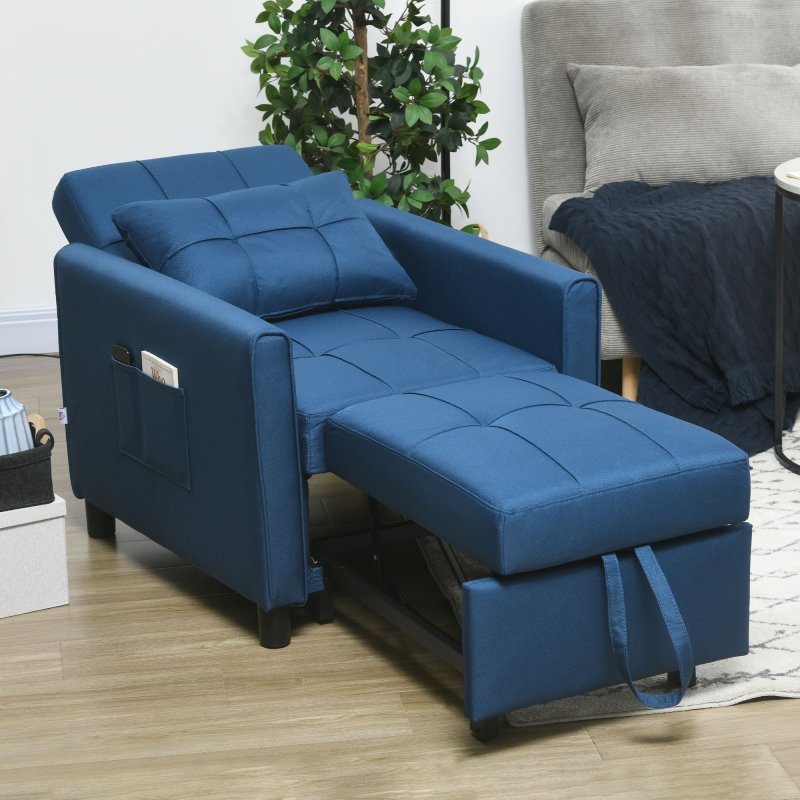 HOMCOM Compact Single Chair Bed, Pull Out Bed, Convertible Sleeper Chair with Adjustable Backrest, Pillow, Side Pockets for Home Office, Bedroom, Living Room