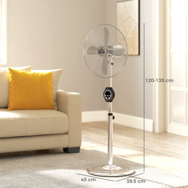 HOMCOM 16" Metal Pedestal Fan, Electric Standing Floor Fan, Oscillating, Adjustable Height, 3 Speed, 7.5H Timer, Remote Control, Sleep Mode, for Home Office Bedroom, Silver Tone