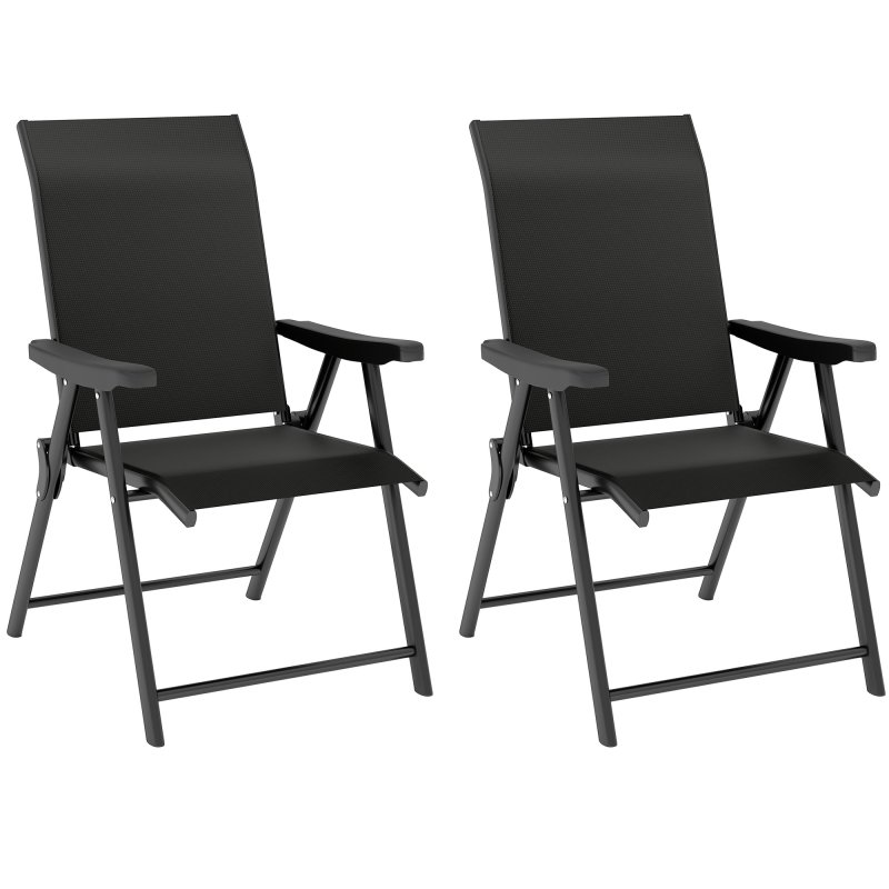 Outsunny Set of 2 Folding Chair, Garden Chair Set with Breathable Mesh Back and Seat, Outdoor Camping Chairs with Armrests, Steel Frame for Deck Balcony, Black