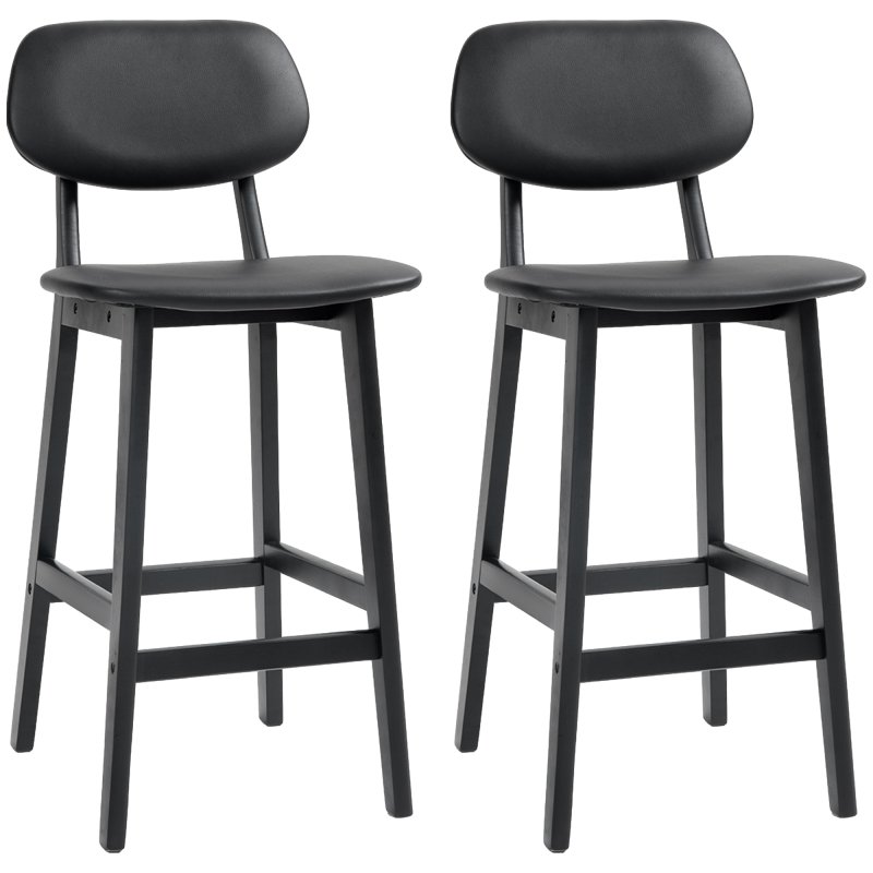 HOMCOM Bar Stools Set of 2, Breakfast Bar Chairs, PU Leather Upholstered Kitchen Stools with Backs, Footrests and Solid Wood Legs, Black