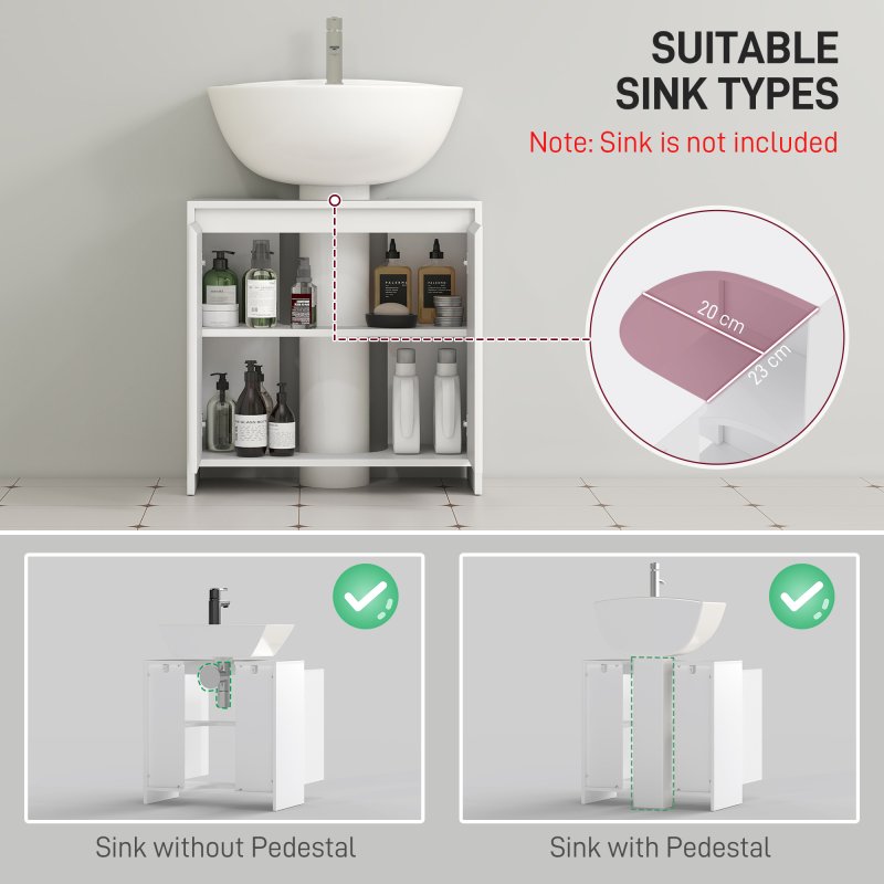 HOMCOM Under Sink Bathroom Cabinet, Freestanding Under Sink Cabinet with 2 Doors and Shelf for Basin without or with Pedestal, White