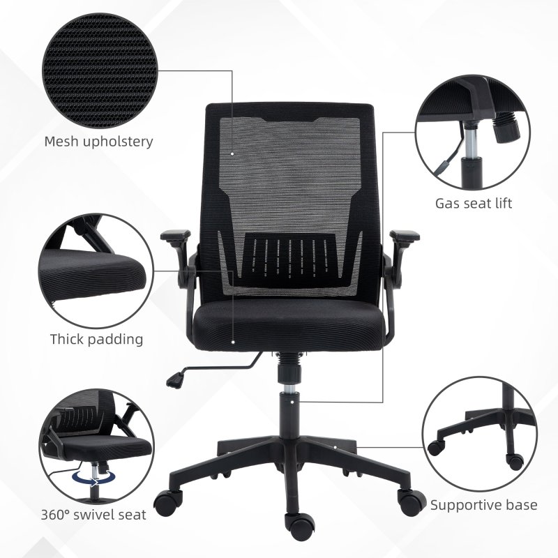 Vinsetto Mesh Office Chair, Desk Chair with Lumbar Support, Flip-up Armrest, Swivel Wheels, Adjustable Height, Black