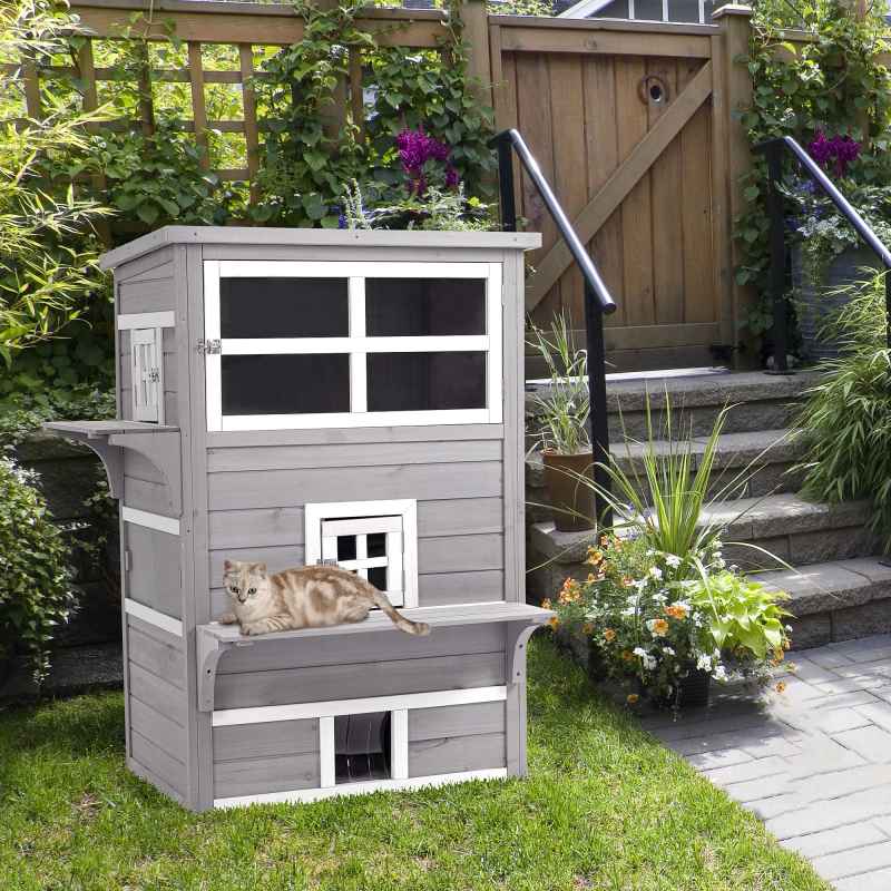 PawHut Outdoor Cat House, 3 Tier Wooden Kitten Shelter with Jumping Platforms, Asphalt Roof, Doors for Indoor, Garden - Grey