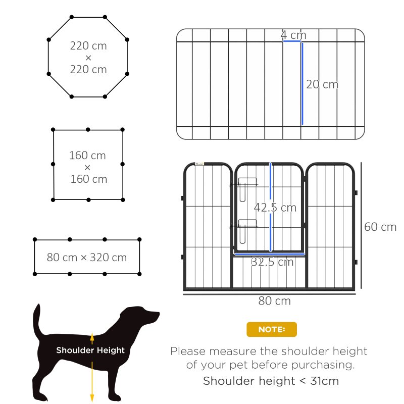 PawHut Dog Pen 8 Panels Puppy Pen Heavy Duty Pet Playpen for Indoor Outdoor for Dogs, Rabbits, Ducks 60cm High