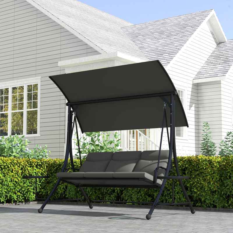 Outsunny 3 Seater Garden Swing Seat Swing Chair with Adjustable Canopy, Removable Cushion and Coffee Tables for Outdoor Patio Garden Dark Grey