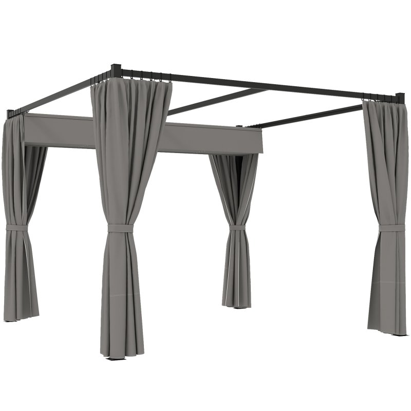 Outsunny 3 x 3(m) Pergola with Retractable Roof Canopy and Curtains, Metal Frame Garden Gazebo Outdoor Sun Shade Shelter for Grill, Patio, Deck, Light Grey