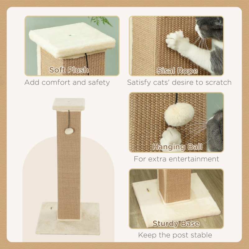 PawHut Cat Scratching Post for Indoor Cats, 81cm Cat Scratcher, Vertical Full Scratcher with Natural Jute Rope, Hanging Ball and Soft Plush, Beige