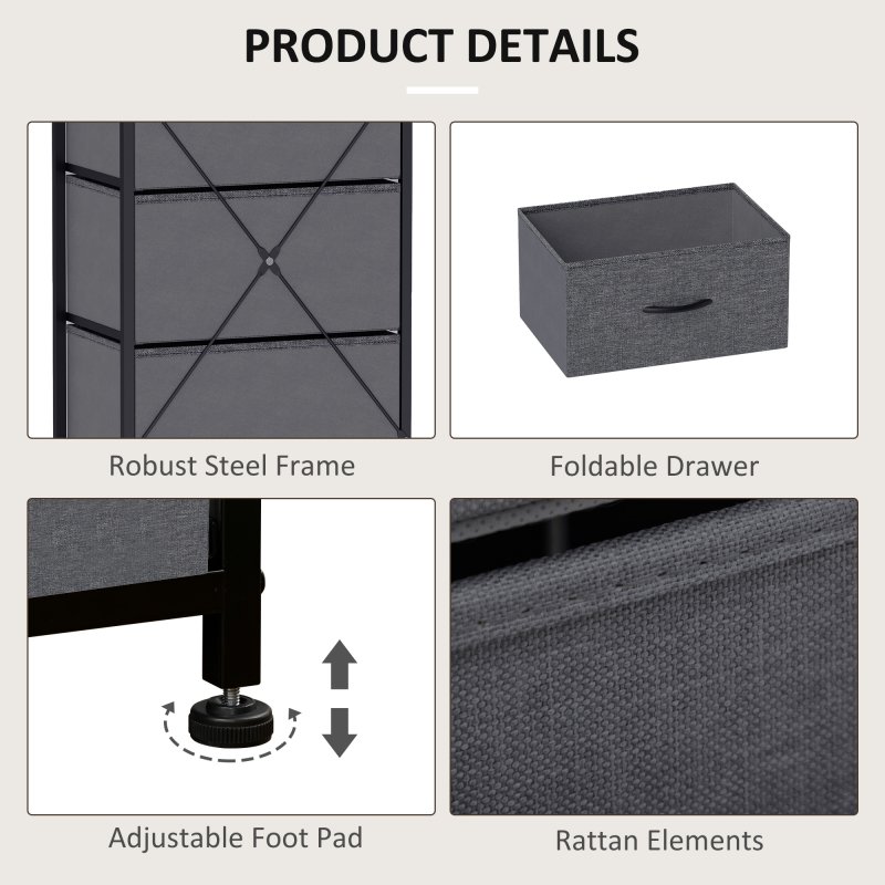 HOMCOM Fabric Chest of Drawers, Storage Drawers, Industrial Bedroom Dresser with 5 Fabric Drawers, Steel Frame and Wooden Top for Nursery, Living Room, Hallway, Dark Grey