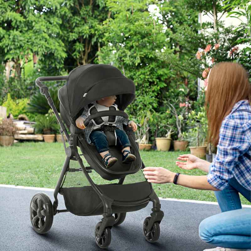 HOMCOM Baby Stroller Pushchair 2 in 1 Lightweight Travel Pram Buggy Foldable with Reversible Seat, Fully Reclining Backrest, from 0 to 3 Years, 0 to15kg, Black