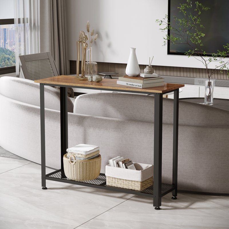 HOMCOM Industrial Console Table Entryway Table w/Bottom Mesh Shelf Metal Frame Vintage Sofa Table for Hallway, Living Room, Rustic Brown