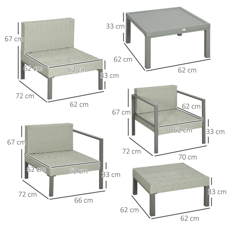 Outsunny 6 Pieces PE Rattan Garden Furniture Set with Sofa, Armchairs, Stool, Patio Sofa Set with Metal Coffee Table, Cushions, for Poolside, Light Grey
