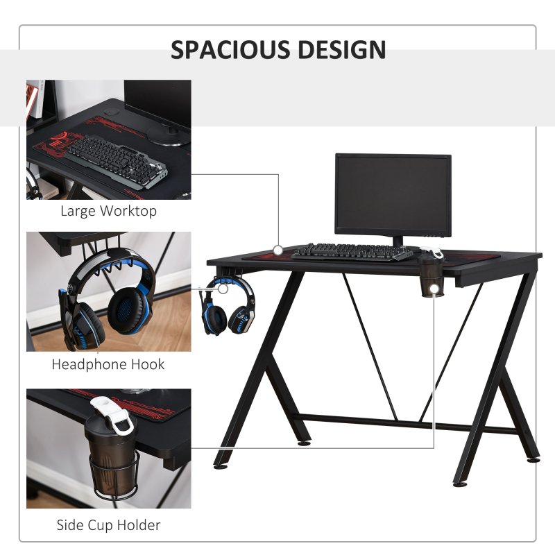 HOMCOM Gaming Desk 108 x 66 cm PC Computer Desk with Whole Board, A Shaped Gaming Table for Home Office with Cup Holder and Headphone Hook, Black