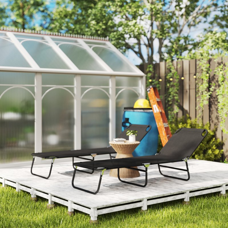 Outsunny Foldable Sun Lounger Set of 2 with 5-Position Adjustable Backrest, Outdoor Portable Recliner Chaise Lounge Chair with Breathable Mesh Fabric, Black