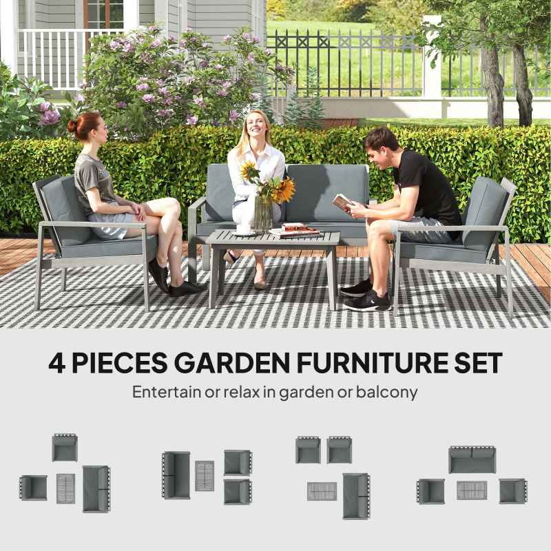 Outsunny 4 Pieces Garden Furniture Set with Cushions, Wooden Garden Sofa Set with 1 Loveseat, 2 Armchairs and 1 Coffee Table, Outdoor Table and Chairs for Conservatory, Balcony, Patio, Light Grey