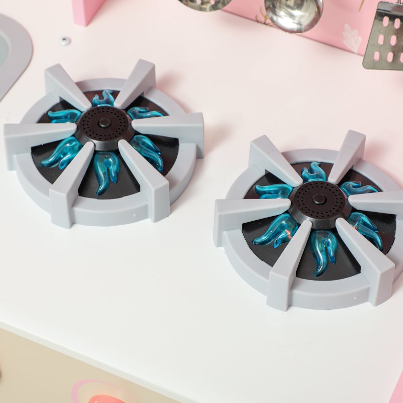 AIYAPLAY Toy Kitchen, Pretend Role Play Kitchen, Kids Kitchen Set with Lights and Sounds, Double Stoves, Ice Maker, Chalkboard, Microwave, Oven, Sink, 5 Accessories, for 3+ Years, Pink