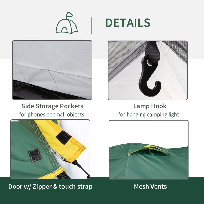 Outsunny Two-Man Camping Tent Dome Tent with Weatherproof Shell, Vestibule & Windows, for Fishing & Hiking, Green and Yellow