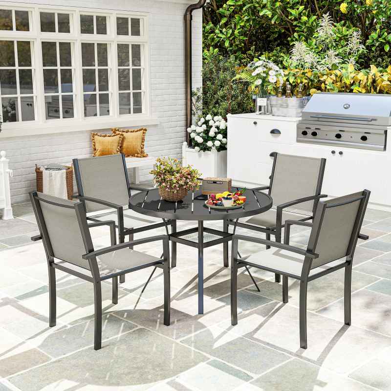 Outsunny 5 Piece Garden Furniture Set, Garden Dining Set with Round Table and 4 Stackable Chairs, Steel Frame, for Outdoor, Patio, Terraces, Dark Grey
