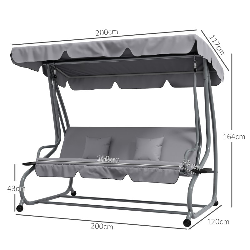 Outsunny 2-in-1 Garden Swing Seat Bed, 3 Seater Convertible Swing Chair Bench with Tilting Canopy, Cushioned Seat and 2 Pillows for Patio, Garden, Light Grey