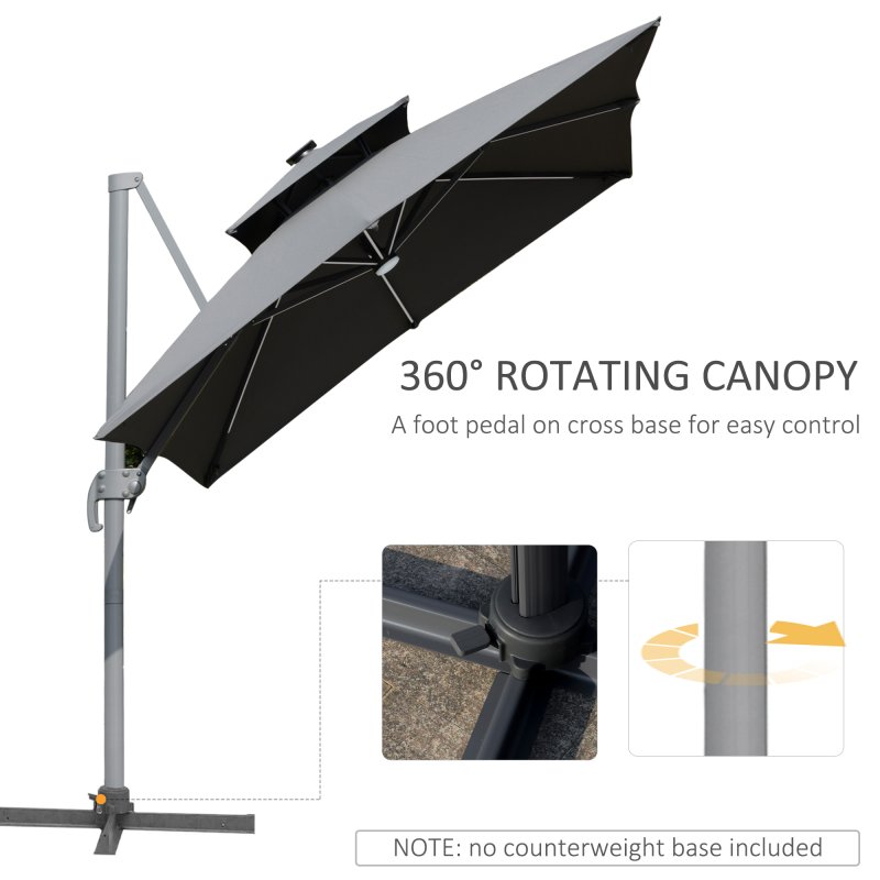 Outsunny 3m Cantilever Roma Parasol, Offset Patio Umbrella, Solar LED Lighted Hanging Sun Shade Canopy 250g Polyester SunShade with Aluminium Frame, Tilt & Crank Handle, Cross Base for Lawn, Grey