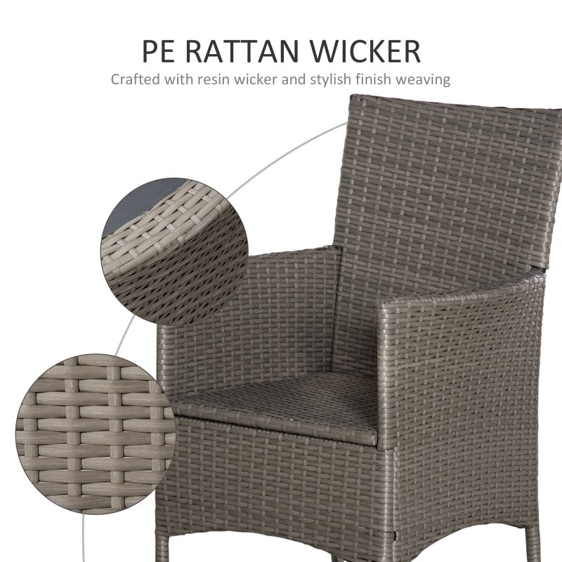 Outsunny 2 Pieces Outdoor PE Rattan Dining Chairs Set with Cushion, Garden Armchair with Armrests, High Backrest, Metal Frame Patio Wicker Furniture, Grey
