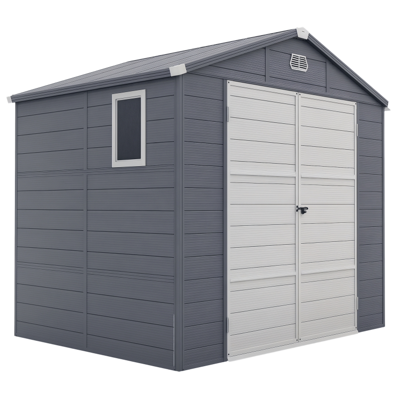 Outsunny 8 x 6ft Plastic Garden Storage Shed with Foundation Kit, Polypropylene Outdoor Storage Tool House with Ventilation Slots and Lockable Door, Grey